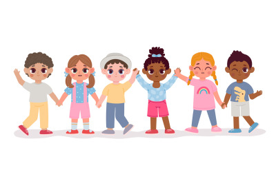 Cartoon kindergarten multicultural kid friends hold hands. Happy child