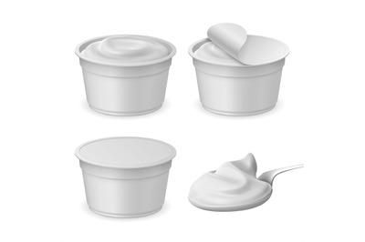 Realistic closed and open packaging cup and spoon with yogurt. Cheese&2C;