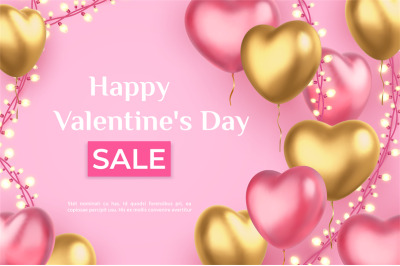 Valentines Day sale poster with heart balloons and garland lights. 3d