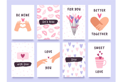 Valentines day cards and prints with hands of couple, hearts and kisse