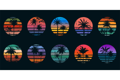 Retro 80s sunsets with palm trees silhouettes for t-shirt prints. Vint
