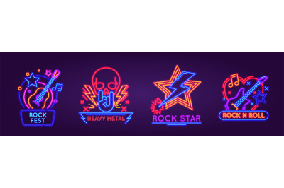 Glowing neon signboards for rock festival, band or club logo. Light si