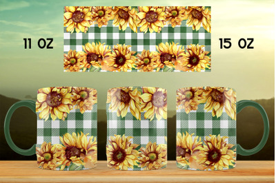 Sunflower mug sublimation design Buffalo plaid mug wrap png