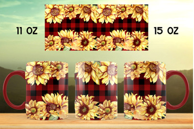 Sunflower mug sublimation design Buffalo plaid mug wrap png