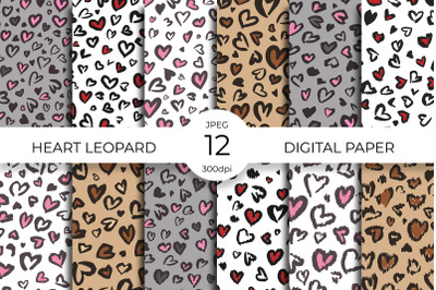 Heart leopard digital paper. Valentines leopard print.