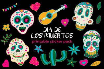 Skull Printable Sticker Pack. Hand drawn Day of the Dead. Dia De Los Muertos.