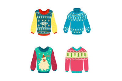 Jumpers with patterns christmas. Knitted xmas elements. Woolen ugly sw