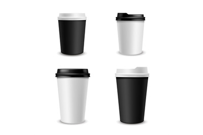 Paper coffee cups realistic. White and black paper cup different size&2C;