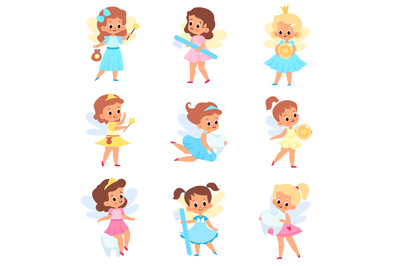 Tooth fairies. Cute little winged girls in different dresses with dent