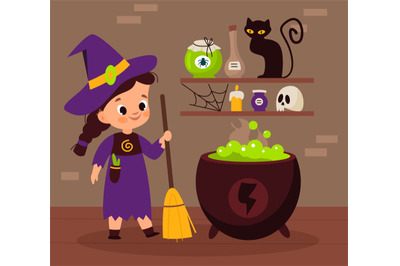 Halloween witch. Sorceress brewing magic potion in cauldron. Cartoon e