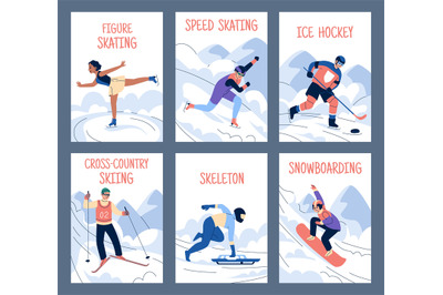 Winter sports cards. Ski and skating, snowboarding and hockey, people