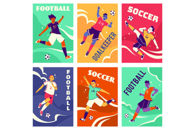 Soccer players cards. Footballers in different dynamic poses, leading