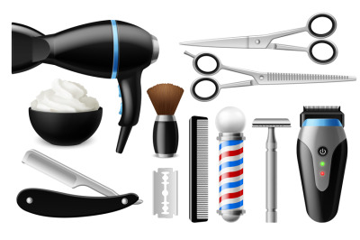 Realistic barber tools. Barbershop isolated objects, men beauty salon