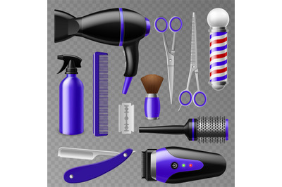 Realistic barbershop tools. Hairdresser professional tools, beauty sal