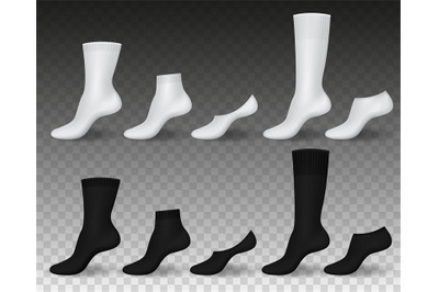 Realistic socks. Black white blank wear templates, classic fabric acce