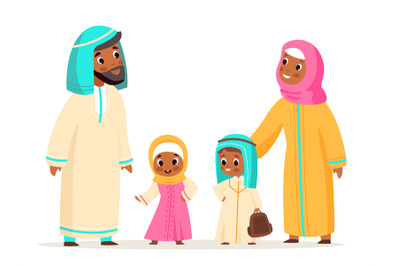 Muslim family. Arabian people characters, parents and kids standing an