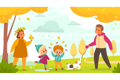 Autumn park family. Parents with children walk with dog outdoor activi