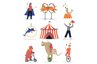 Circus animals. Funny trained animals. Show elements hoops&2C; bollards a