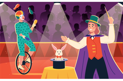 Circus show. Invitation poster with fun magician and clown juggler on