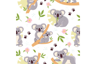 Cute koalas. Seamless background with kids mini bears, tropical leaves