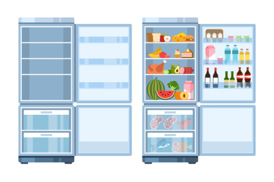 Fridge. Open empty refrigerator and with products, healthy food water