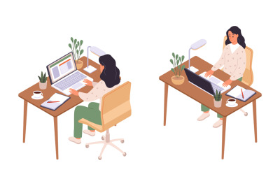 Isometric online education. Women sitting at computer, back and face v