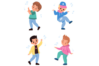 Kids dancing. Children characters dance and sing, little happy boys li