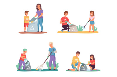 Kids with parents sort garbage. Clean up trash outdoor, lay out color