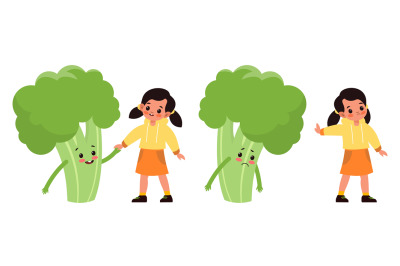 Kids with vegetables. Small children and big broccoli. Happy and unhap