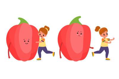 Kids with vegetables. Small children and big pepper. Happy and unhappy