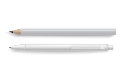 Mockup pen and pencil. Stationery tools for writing or drawing. White