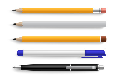 Pen and pencil. Realistic stationery tools for writing and drawing. Ye