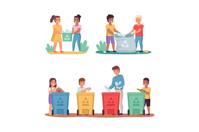 People sort garbage. Clean up trash outdoor, lay out color containers,