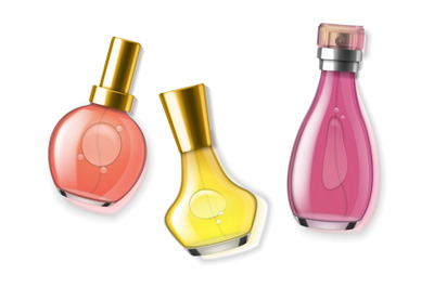 Realistic perfume bottles. Flasks with scents&2C; glass bottles different