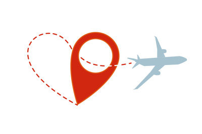 Air travel. Plane silhouette with heart path and destination icon. Fly