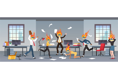 Crisis. Cartoon office workers running with burning brains. People hea