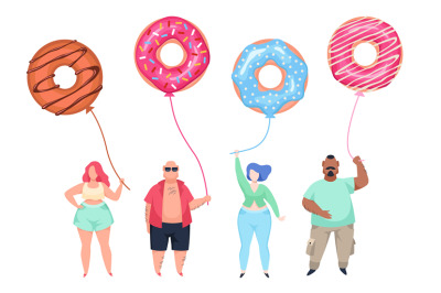 Fat guys with doughnut balls. Overweight men and women standing in row