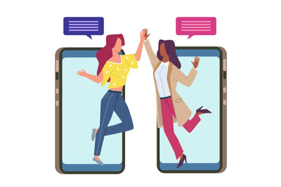 Friendly chat. Online messaging. Happy women with speech bubbles. Mobi