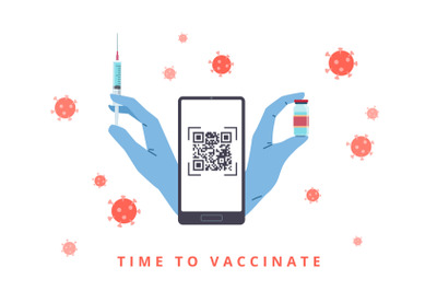 Vaccination&2C; registration of a QR code. Hands in medical gloves with s