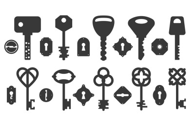 Key and keyhole silhouettes. Hole locks and keys black icons&2C; antique