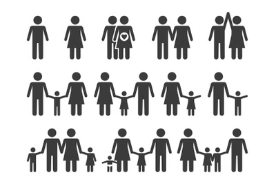 Family icons. Monochrome people group pictograms. Happy couples sign.