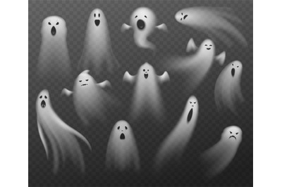 Realistic ghosts. Transparent different Halloween phantoms. Isolated f