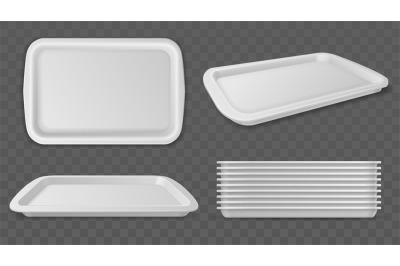 Food trays. Realistic plastic white salvers. Rectangular dinner contai