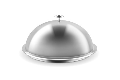 Silver cloche. Realistic metal dish with convex lid. Restaurant servin