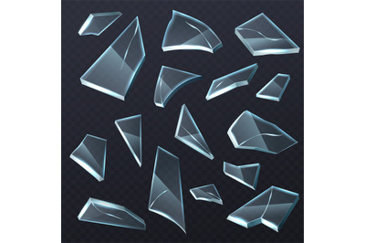 Broken glass shards. Realistic transparent different shapes pieces. 3D