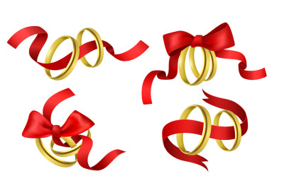 Rings with ribbons. Realistic 3d golden tradition wedding pair rings&2C;