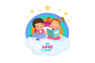 Kids love reading. Girl and boy read book with fairy tales on cloud. C