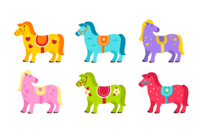 Cute horses. Cartoon bright color ponies with decor elements and diffe