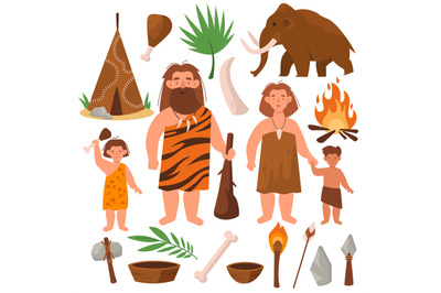 Stone age. People of prehistoric times. Cartoon family tribe. Cute cav