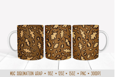 Fall Oak Leaves Leopard Mug Sublimation Design. Autumn Mug